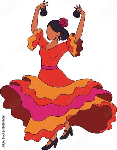 A woman in a vibrant, ruffled dress dances with castanets in her raised hands