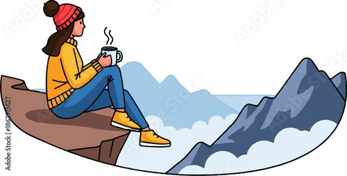 A woman in a warm hat and sweater enjoys a hot drink while sitting on a cliff edge