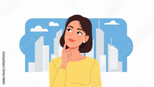 A woman in a yellow shirt contemplates in front of a cityscape with clouds