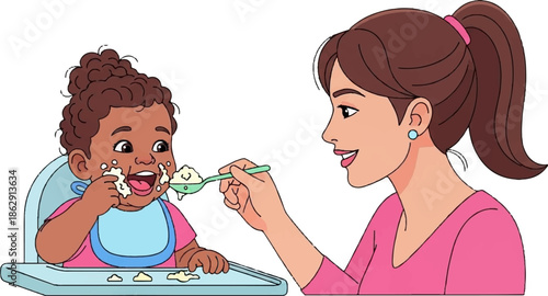A smiling mother feeds her messy baby with a spoon