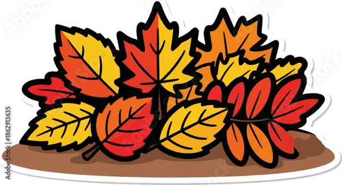 A vibrant pile of autumn leaves in red, orange, and yellow on brown ground, with a cartoonish sticker outline