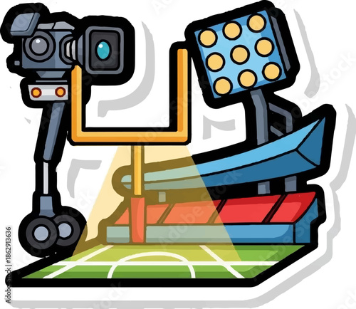 A vibrant cartoon depicting a sports stadium setup with a camera, floodlights, goalposts, and field