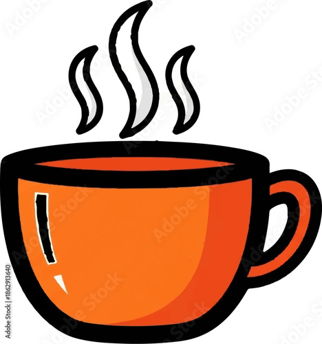 A simple, bright orange mug with a handle, emitting steam