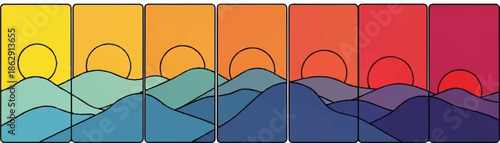 Abstract panels showing a sun setting over waves, transitioning through warm to cool colors