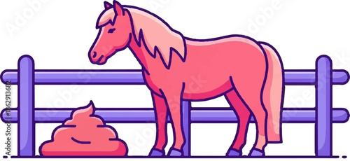 A stylized pink horse stands by a purple fence next to a pile of dung on a white background