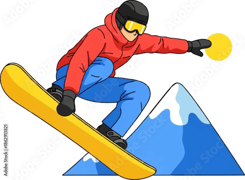 A snowboarder in red jacket and blue pants, mid-air, with yellow board and goggles, near mountains