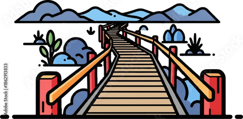 A wooden bridge stretches towards distant mountains with blue hills and green plants