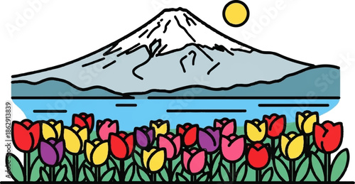 A snow-capped peak overlooks a blue lake and a field of colorful tulips