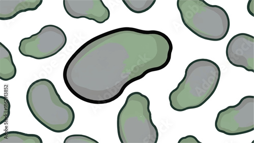 Abstract pattern of irregular grey-green shapes with thick black outlines on a white background