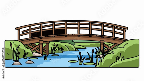 A wooden bridge arches over a calm blue stream bordered by green grassy hills and cattails
