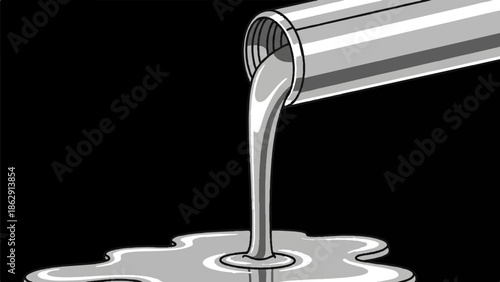 A silver liquid pours from a metallic tube, creating a puddle