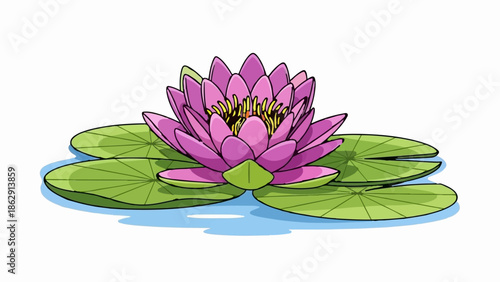 A vibrant pink water lily with yellow stamens rests on green lily pads floating on calm blue water