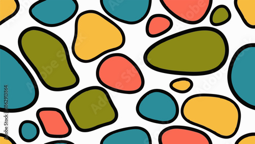 Abstract pattern of irregular organic shapes in yellow, green, coral, and teal with thick black outlines on a white background