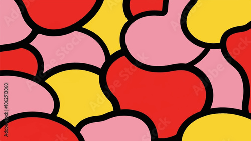 Abstract pattern of irregular red, pink, and yellow shapes with thick black outlines, filling the frame