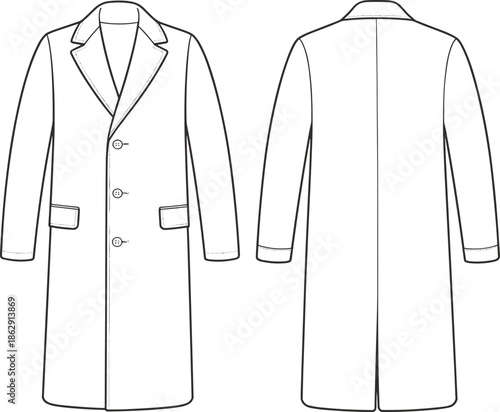Fashion technical flat sketch of men's single-breasted long overcoat with notched lapels and flap pockets, front and back view.