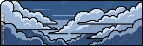 A stylized, pixelated depiction of layers of puffy, dark blue and light blue clouds against a deep blue sky