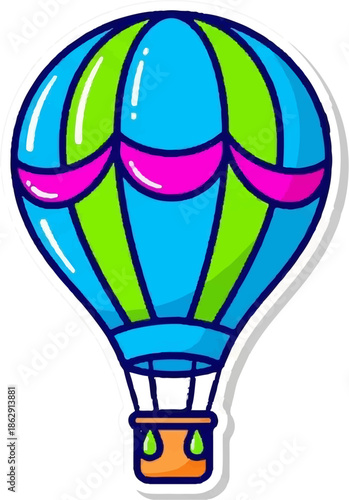 A vibrant cartoon hot air balloon in blue, green, and pink, outlined with a white border and shadow