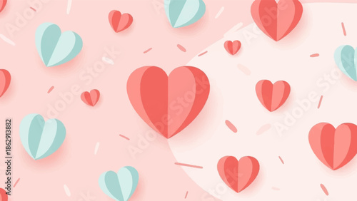 A soft pink background scattered with numerous red and blue paper hearts