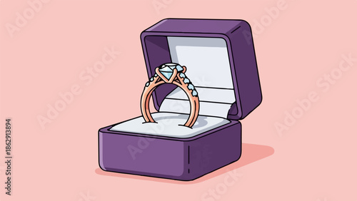 A sparkling diamond ring sits open in a purple velvet box, on a soft pink background
