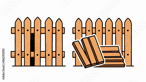 A wooden fence with a missing section and loose planks for repair