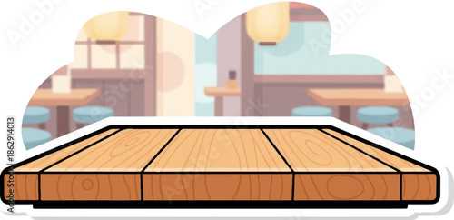 A wooden table in front of a stylized restaurant interior with booths and lamps