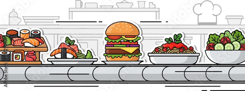 A vibrant cartoon illustration depicts a conveyor belt with various popular dishes, including sushi, a towering burger, pasta, and salad