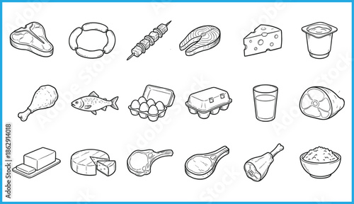 Set of 20 black line icons for protein-rich and dairy foods including steak, fish, cheese, and eggs for vector illustration content