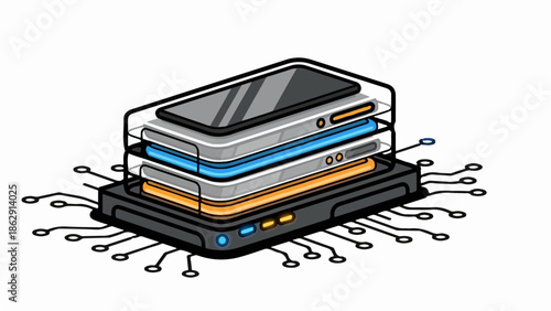 A stack of layered devices on a circuit board, with wires extending