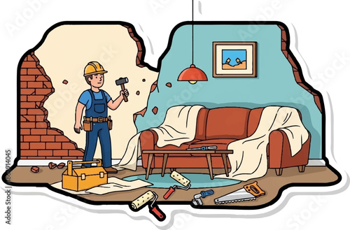 A worker demolishes a wall in a room with a couch and tools