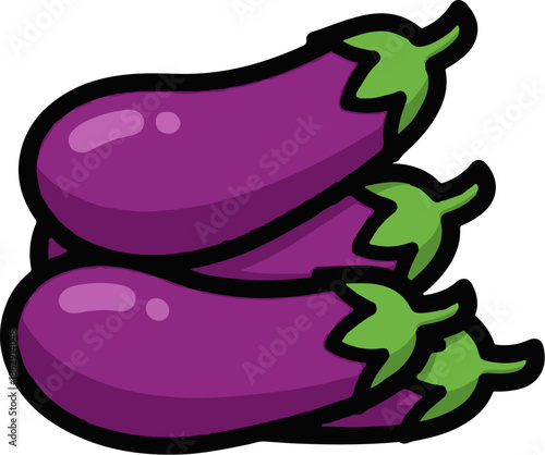 A stack of three cartoon-style purple eggplants with green caps, featuring subtle highlights