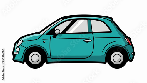 A side view illustration of a compact teal car with black outline and wheels