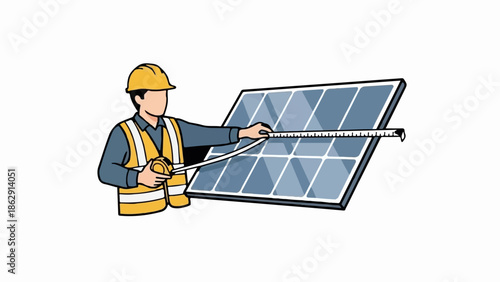 A worker in a hard hat and vest measures a solar panel
