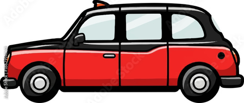 A stylized red and black classic vehicle with windows