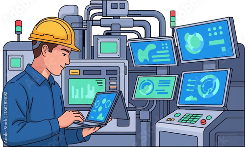 A worker in a yellow hard hat operates complex machinery with multiple screens displaying data