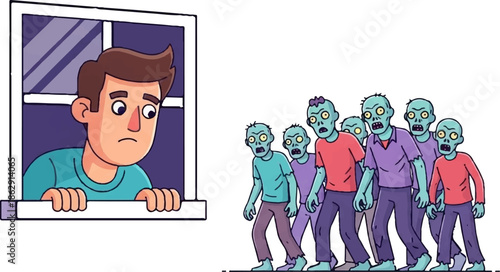 A worried person looks out a window at a horde of approaching zombies