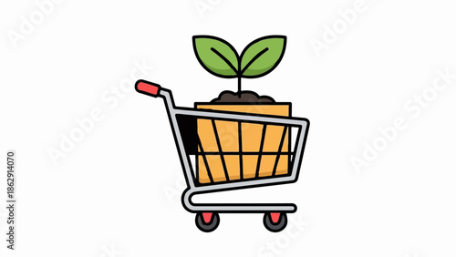 A shopping cart carries a potted plant, symbolizing growth and commerce