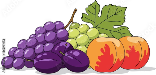 A vibrant cartoon illustration featuring a colorful assortment of fresh grapes, plums, and peaches
