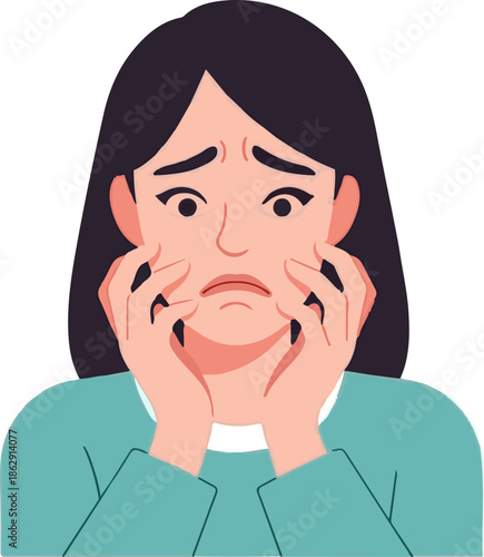 A worried person with dark hair, touching their face with their hands, expressing concern