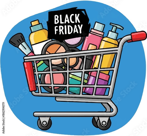 A shopping cart filled with colorful makeup and beauty products for Black Friday sales