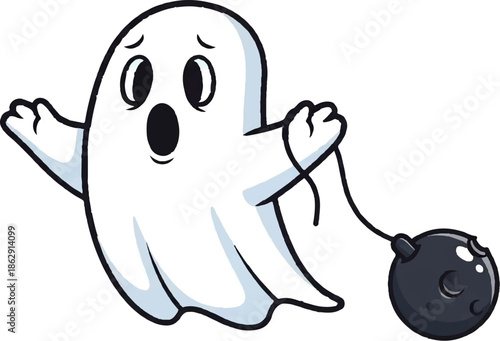 A startled cartoon ghost with wide eyes and open mouth drags a wrecking ball