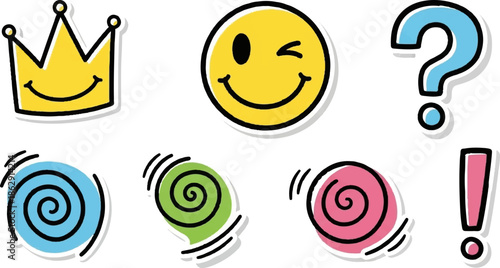 A yellow crown, a winking smiley face, a blue question mark, and three colorful spirals