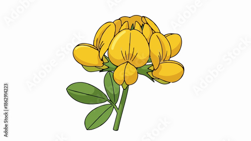 A vibrant cartoon illustration of a clustered yellow flower with green leaves on a plain white background