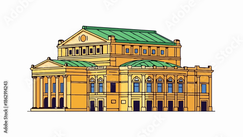 A striking yellow building with classical columns and a green, curved roof