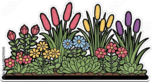 A vibrant cartoon illustration of a flower garden with various colorful blooming plants and green foliage
