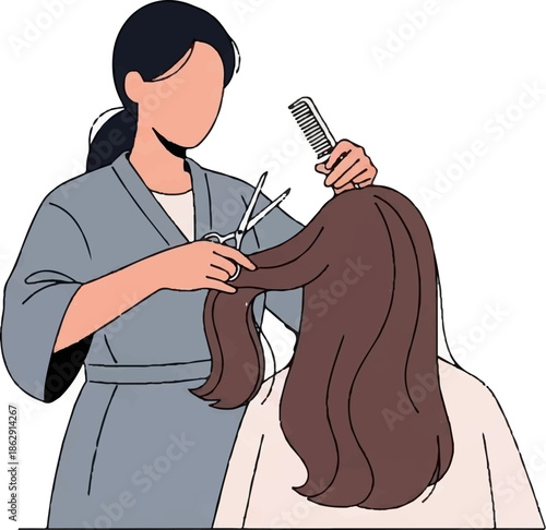 A stylist trims hair with scissors and comb