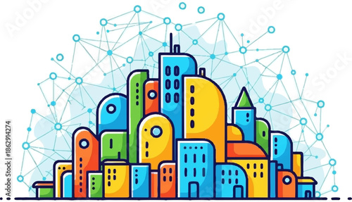 A stylized, abstract cityscape with interconnected nodes and lines, rendered in vibrant, flat colors