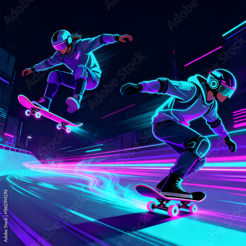 Cyber Futuristic 2 Man Playing Extreme Sport Skateboard– Neon Action Sports Vector