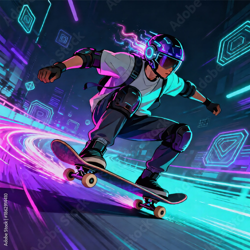 Cyber Extreme Sport Skateboard – Neon Action Sports Vector Illustration