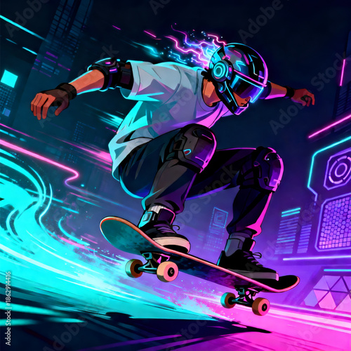 Vector Illustration Of a Skateboarder Cyber Futuristic Extreme Sport