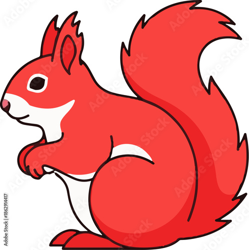 A stylized red squirrel with a bushy tail and white chest, sitting on white background